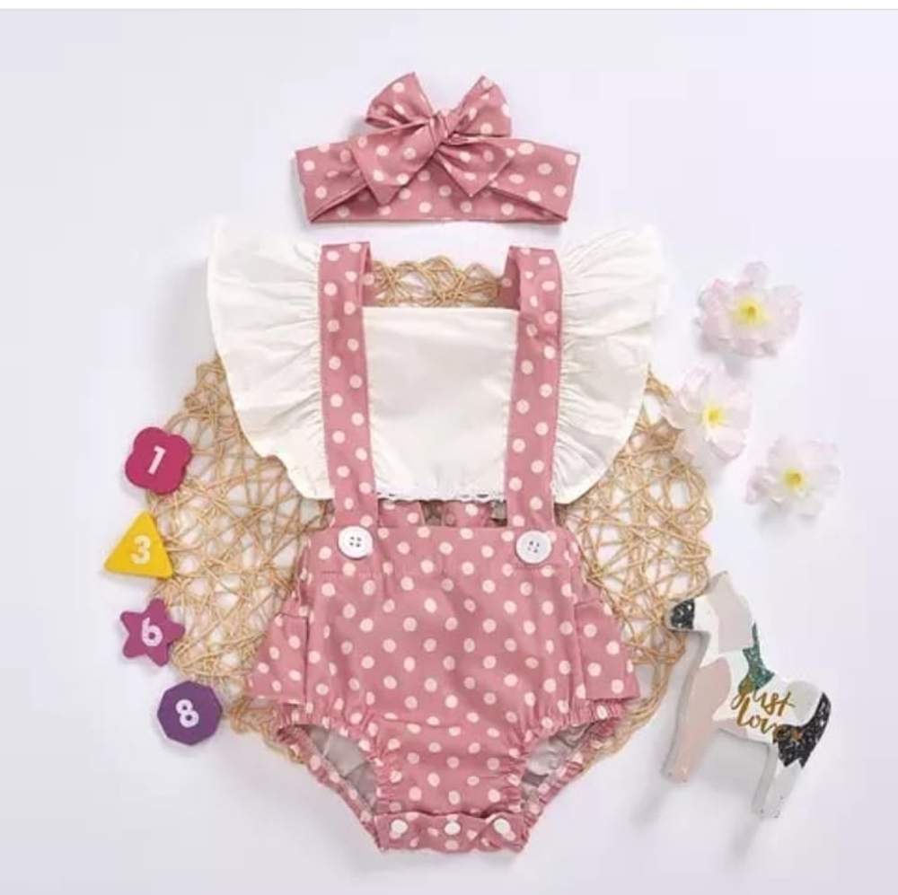 Baby girl polka dot romper jumpsuit+headband set
